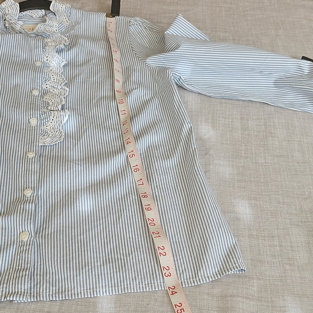 Navy Striped Women's Blouse with Ruffle Detail - Picture 6 of 11